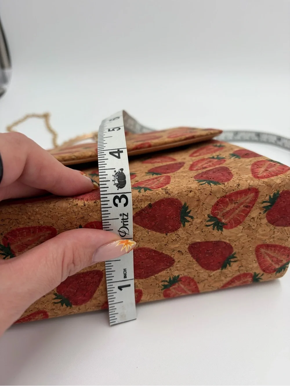 Strawberry Print Cork Crossbody Satchel Gold Ring Handle 3-Way Bag